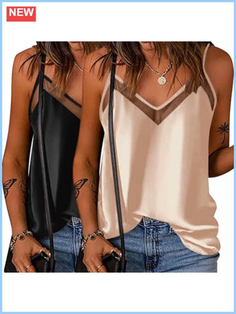Ekouaer Silk Satin Camisole Mesh V-Neck Tank Top 2 Pack Sleeveless
